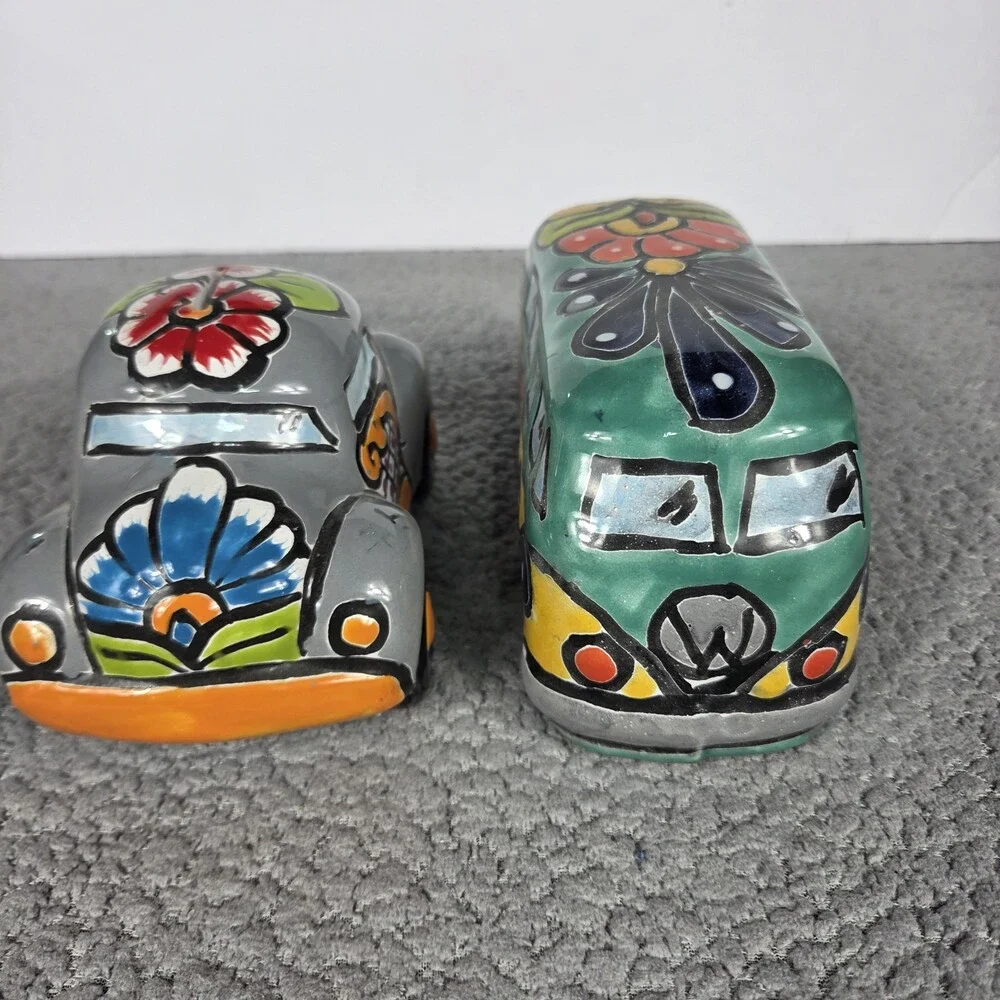 Talavera Pottery Hand Painted VW Beetle And Bus Figurines Mexican Art